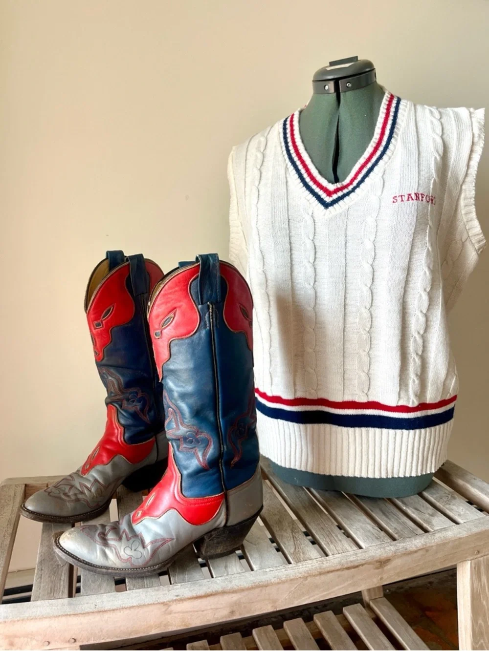 Vintage Laramie Handmade Western Boots Tri Color Red Blue Gray Leather Size 7 - Picture 6 of 17